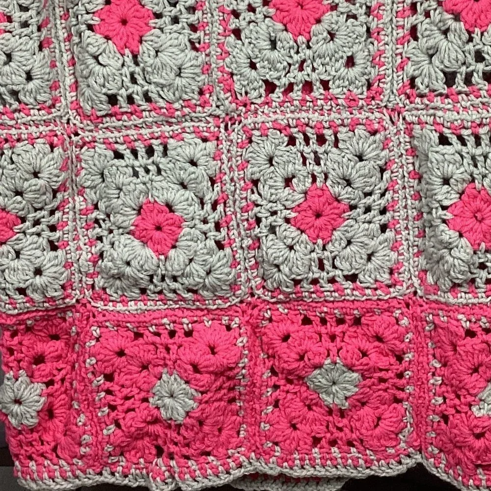 Handmade Granny Square Crochet Blanket Pink & Gray